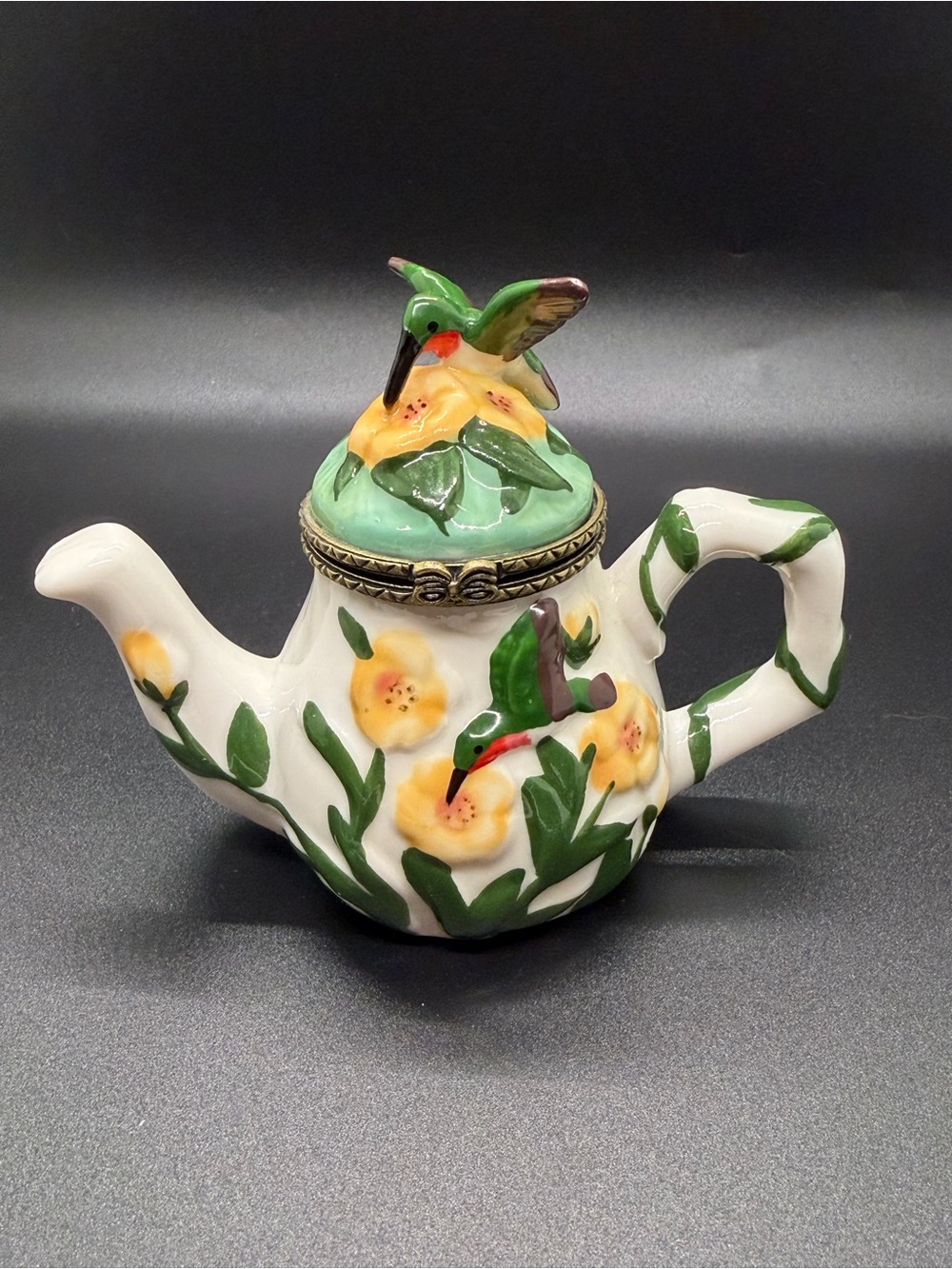 Hand-Painted Ceramic hummingbird and flower teapot trinket box